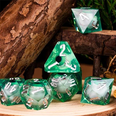 Eye Ball in Green Filled Sharp Resin - 7pcs RPG Dice Set